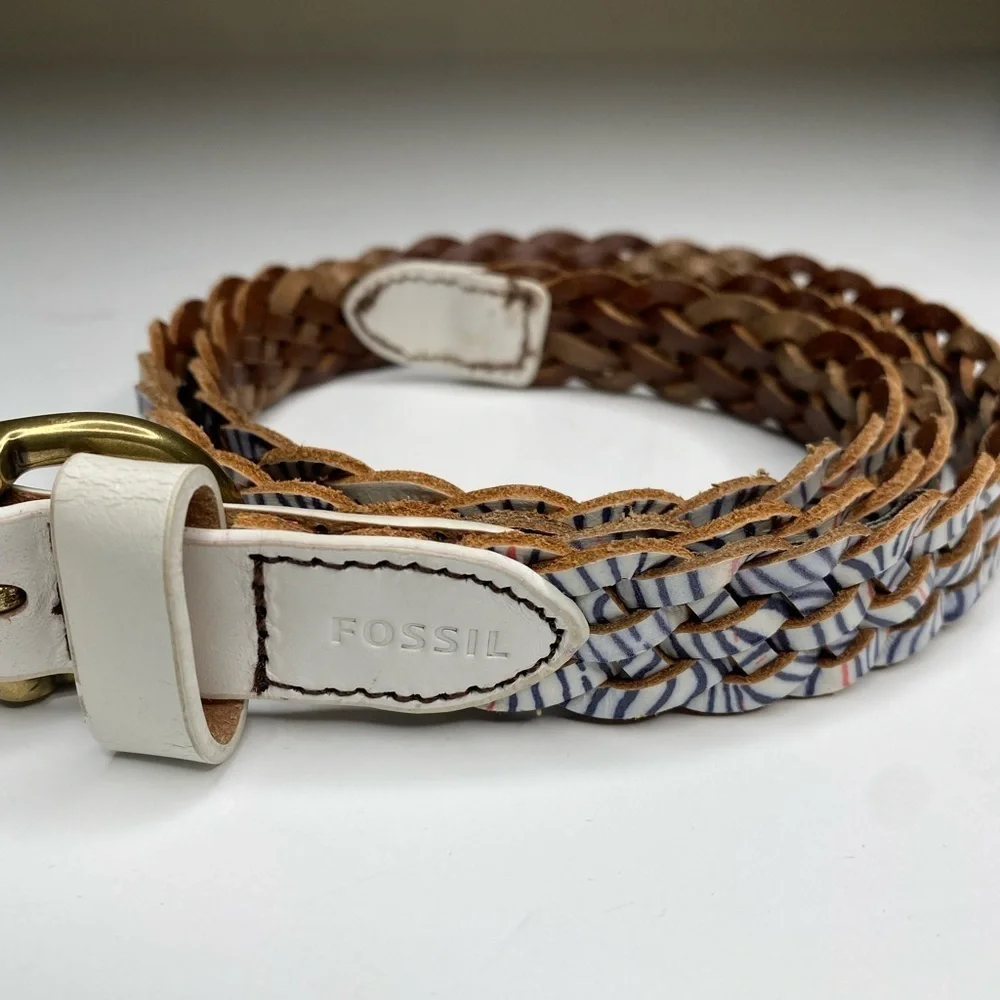 Fossil White Braided Printed Multi Color Leather Belt 37” Excellent condition
